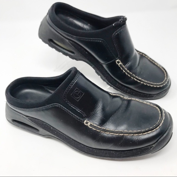 Y2K Cole Haan Nike Air Leather Double Stitch Slip On Block Heel Mules Black 8 B - Picture 1 of 12